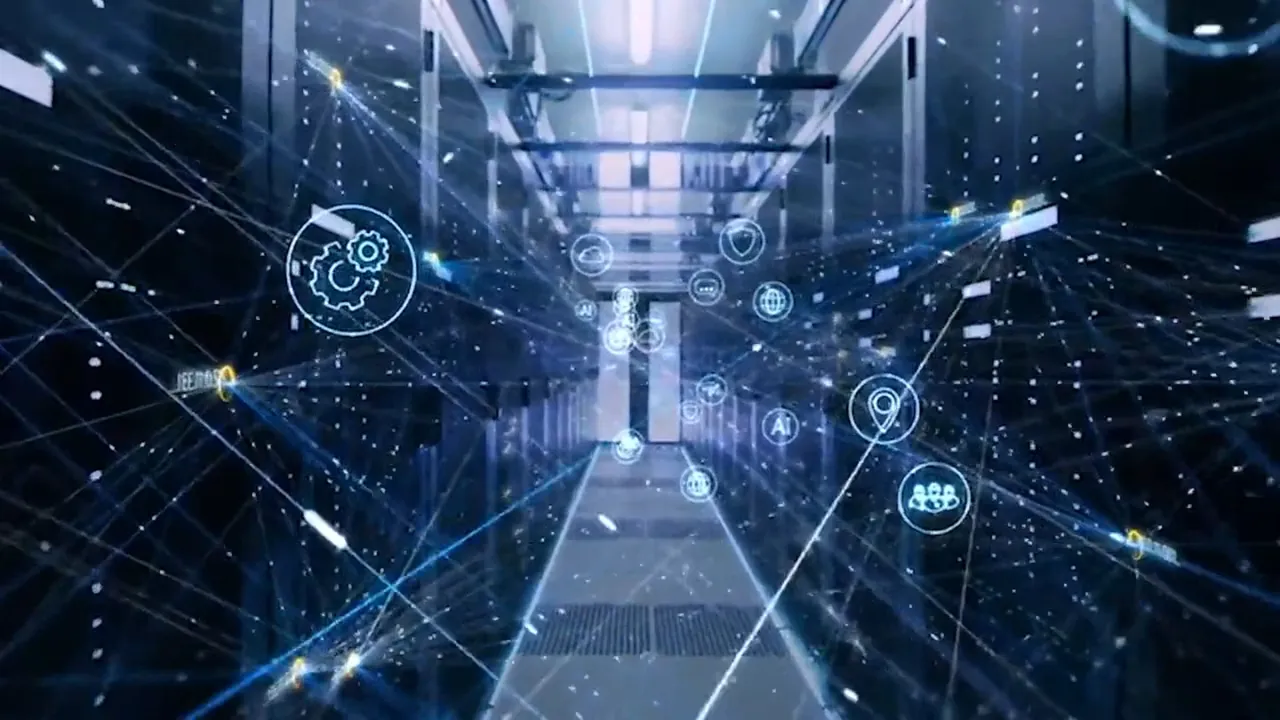 A corridor of computer servers overlaid with glowing network lines and icons.