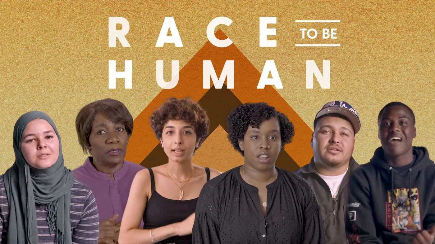 Race to Be Human key art: six people from the film beneath the title, on a warm gold background.