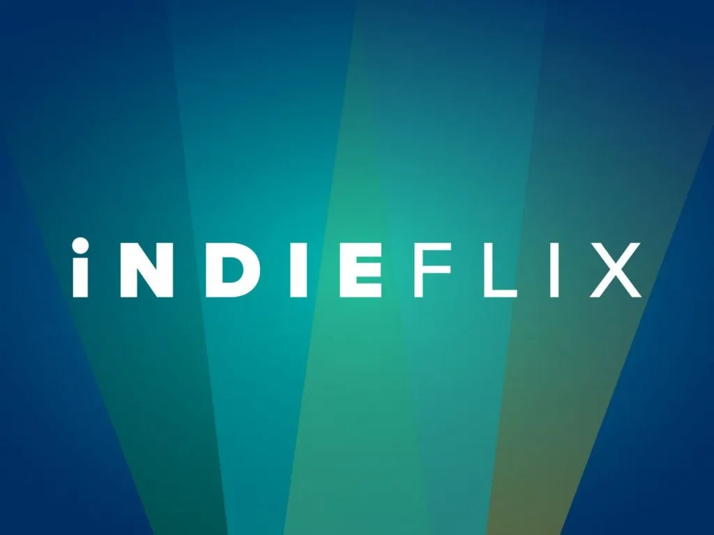 The IndieFlix logo in white capitals on a blue and teal spotlight background.