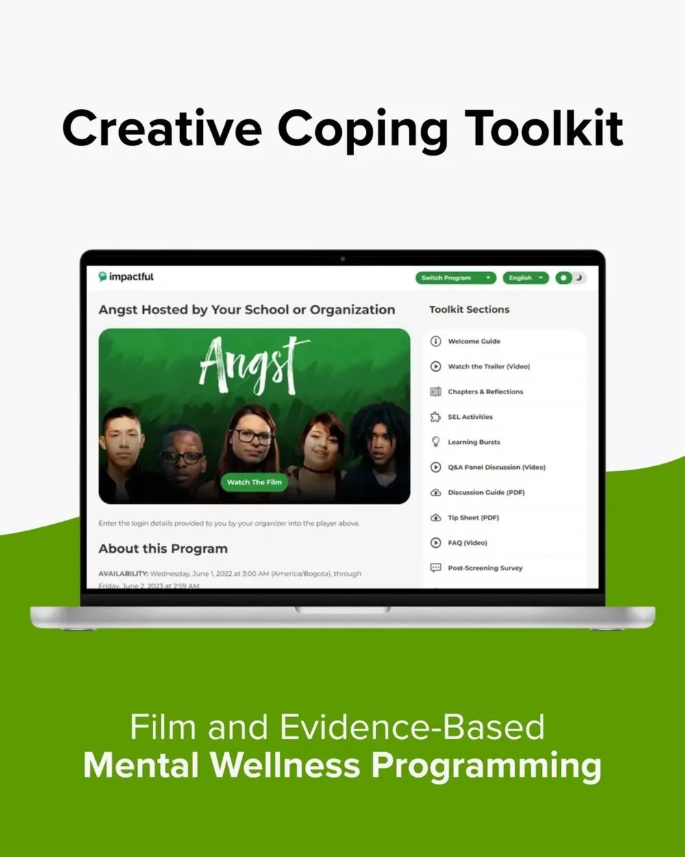 The Creative Coping Toolkit shown on a laptop screen, with the Angst program page open: film and evidence-based mental wellness programming.